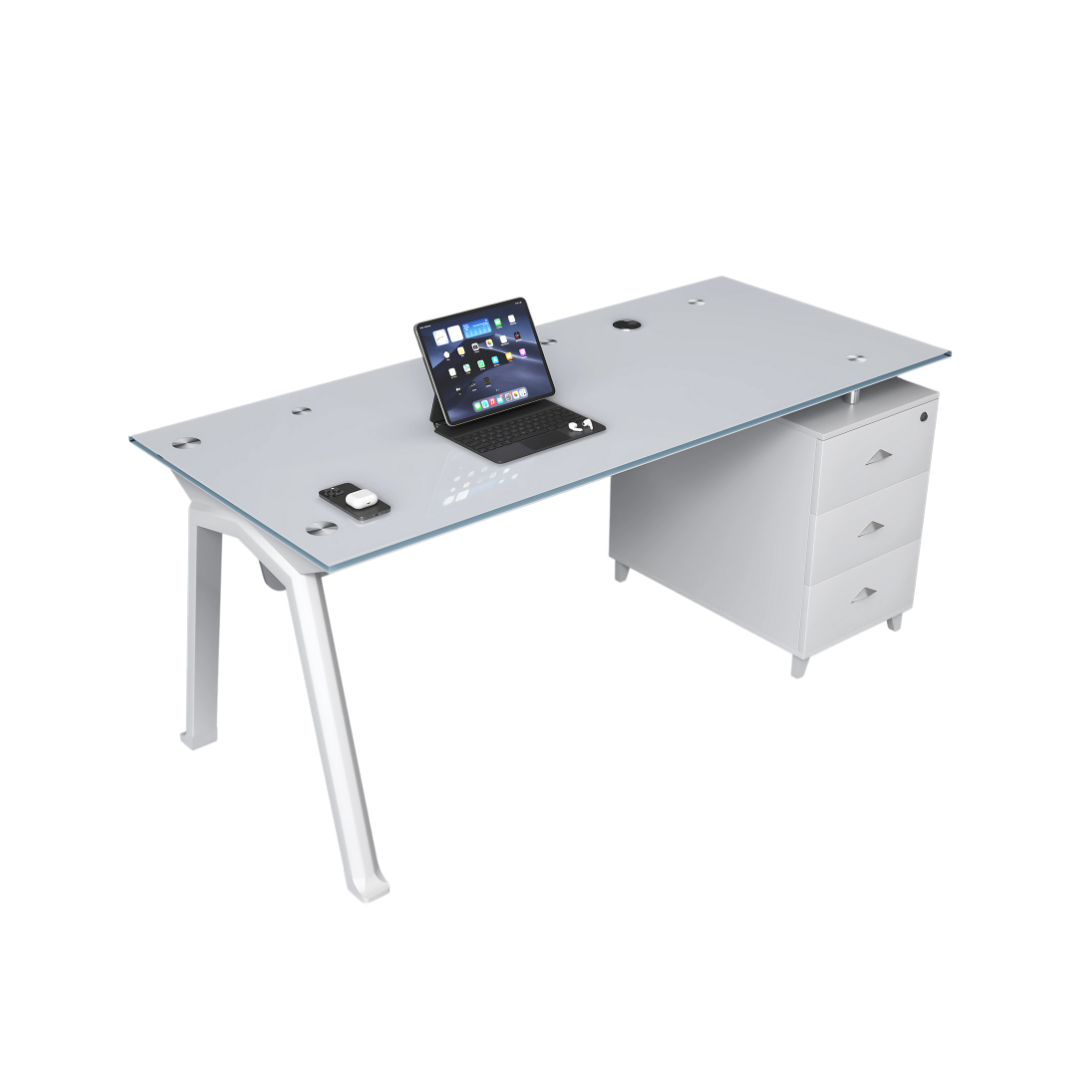 Escritorio con tablero de cristal y gabinete lateral fijo diseño moderno y elegante calidad premium dimensiones Escritorio con tablero de cristal y gabinete lateral fijo diseño moderno y elegante calidad premium dimensiones