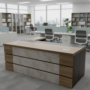 Escritorio ejecutivo SMART HEATER con cajonera lateral móvil estructura de melamina gris