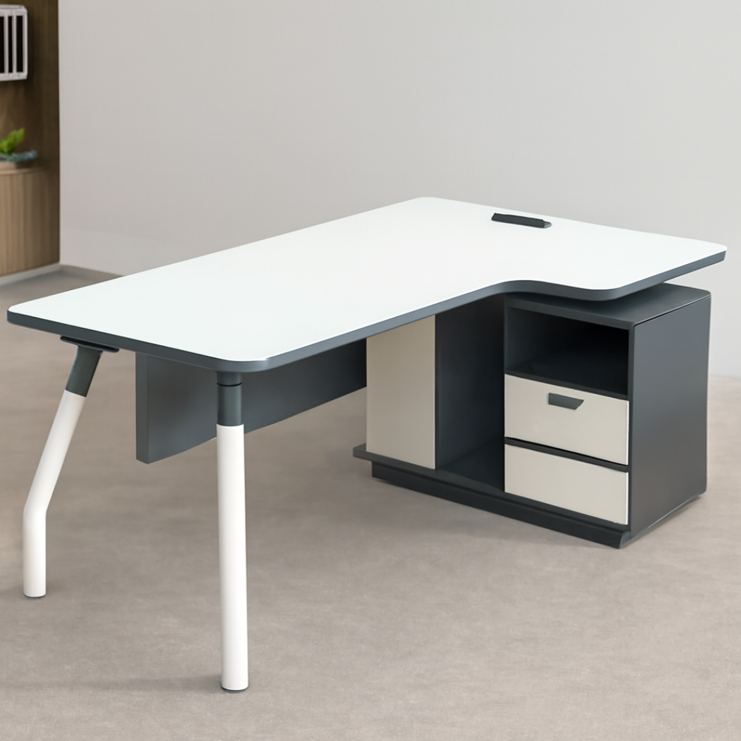 Escritorio moderno con soporte metálico y estantes integrados 1