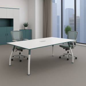 Mesa de conferencias de diseño moderno con tablero de melamina y patas metálicas