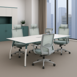 Mesa de conferencias de diseño moderno con tablero de melamina y patas metálicas