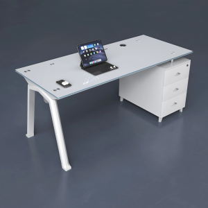 Mesa de oficina con tablero de vidrio y armario lateral fijo – Diseño moderno y elegante calidad premium