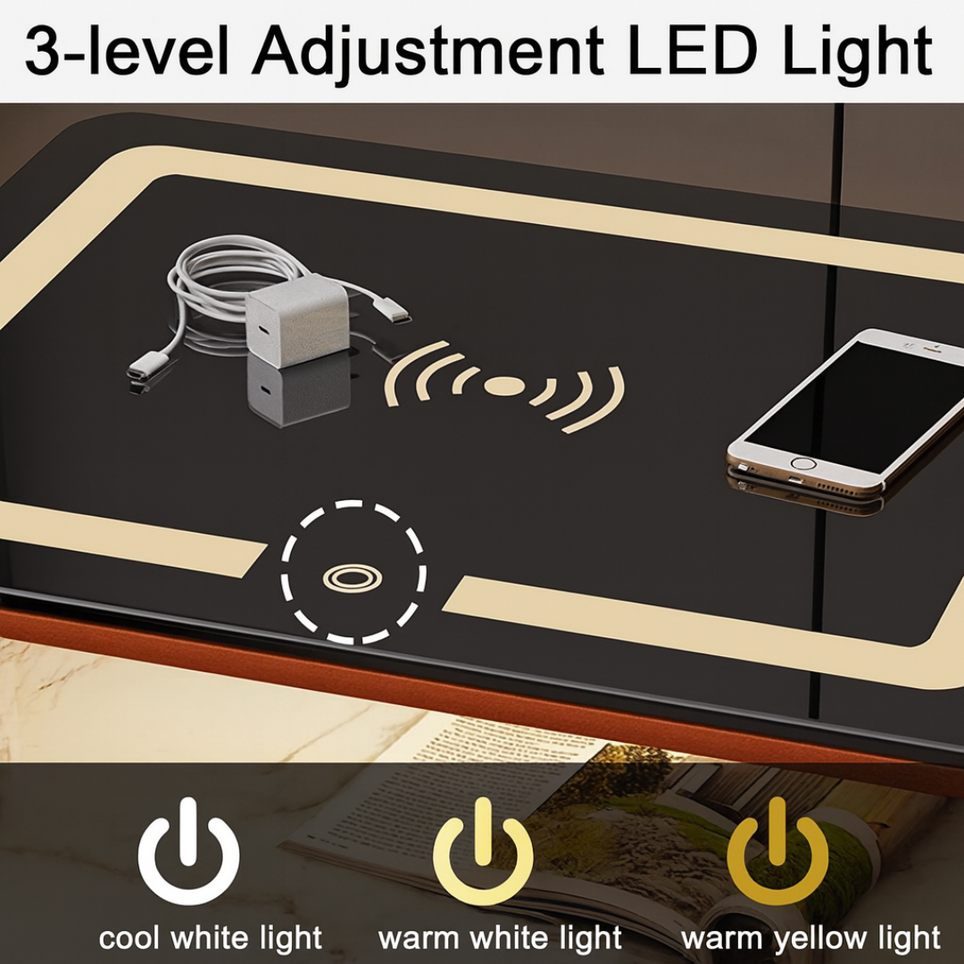Mesita de noche inteligente multifuncional con carga inalámbrica LED y cajón seguro 3 Mesita de noche inteligente multifuncional con carga inalámbrica LED y cajón seguro
