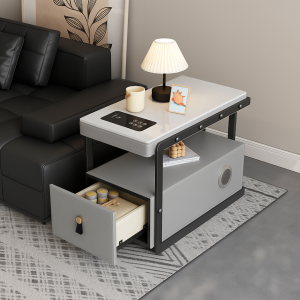 Mesita de noche inteligente multifuncional con carga inalámbrica altavoz Bluetooth y cajón de almacenamiento – GRIS CLARO