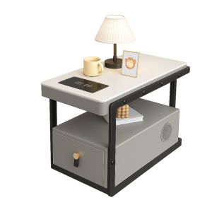 Mesita de noche inteligente multifuncional con carga inalámbrica altavoz Bluetooth y cajón de almacenamiento – GRIS CLARO