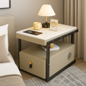 Mesita de noche inteligente multifuncional con carga inalámbrica altavoz Bluetooth y cajón de almacenamiento – KAKI