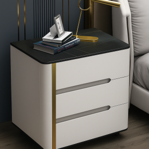 Mesita de noche pintada en color blanco de piedra sinterizada madera de roble y metal – con 3 cajones de almacenamiento