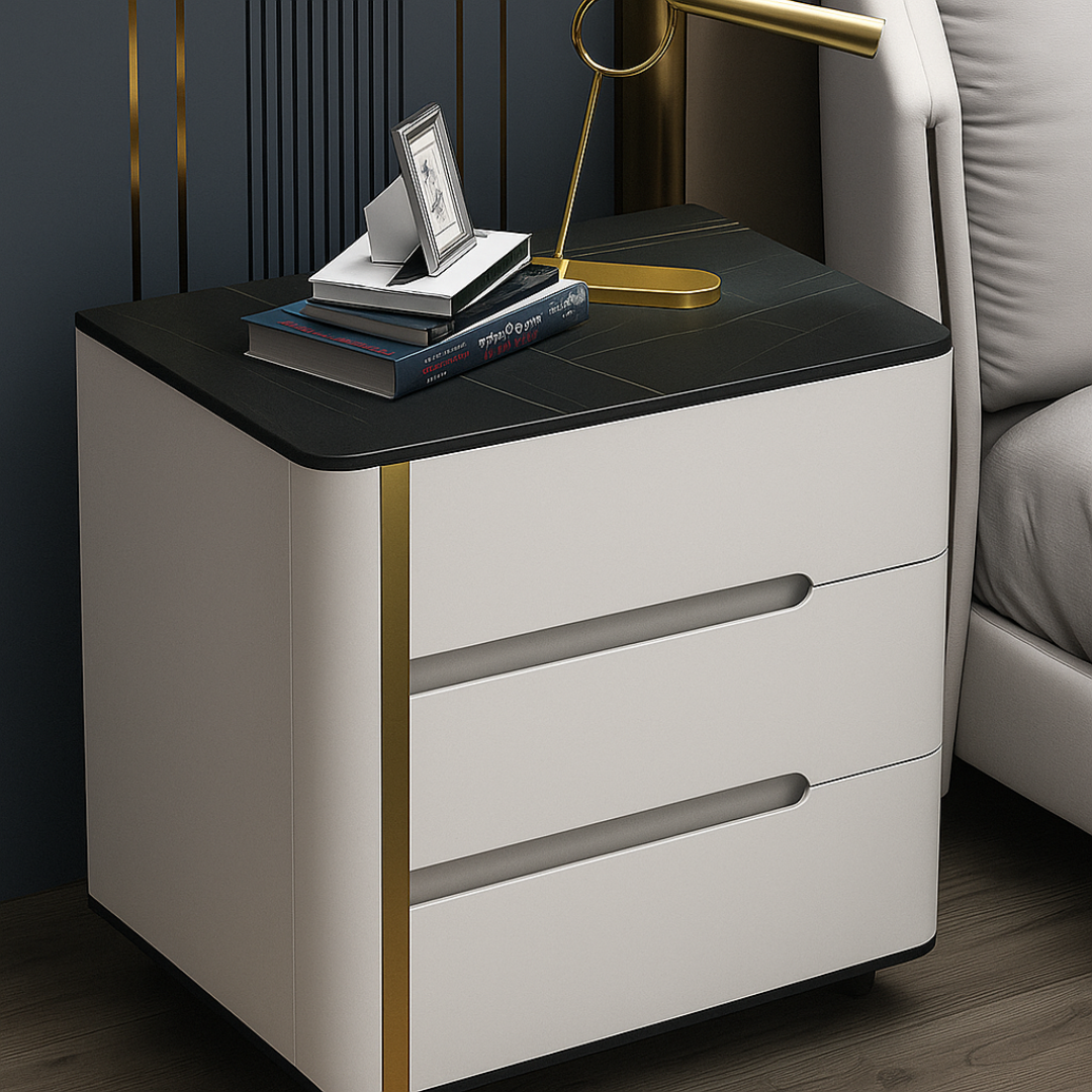 Mesita de noche pintada en color blanco de piedra sinterizada madera de roble y metal – con 3 cajones de almacenamiento 2 Mesita de noche pintada en color blanco de piedra sinterizada madera de roble y metal – con 3 cajones de almacenamiento