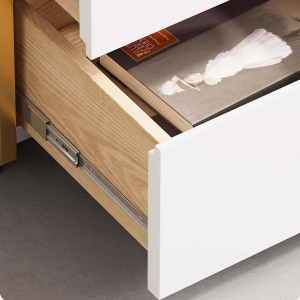 Mesita de noche pintada en color blanco de piedra sinterizada madera de roble y metal – con 3 cajones de almacenamiento