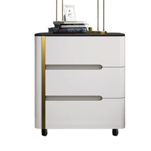 Mesita de noche pintada en color blanco de piedra sinterizada madera de roble y metal – con 3 cajones de almacenamiento