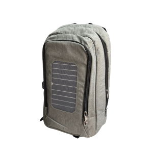 Mochila solar gris con panel puerto USB y cable