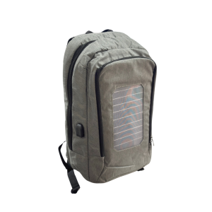 Mochila solar gris con panel puerto USB y cable