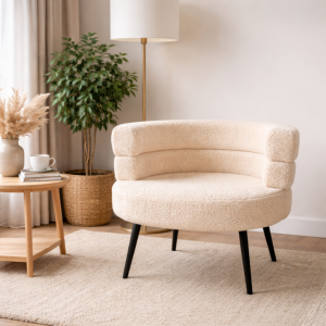 Sillón moderno bouclé beige – diseño elegante con respaldo curvado