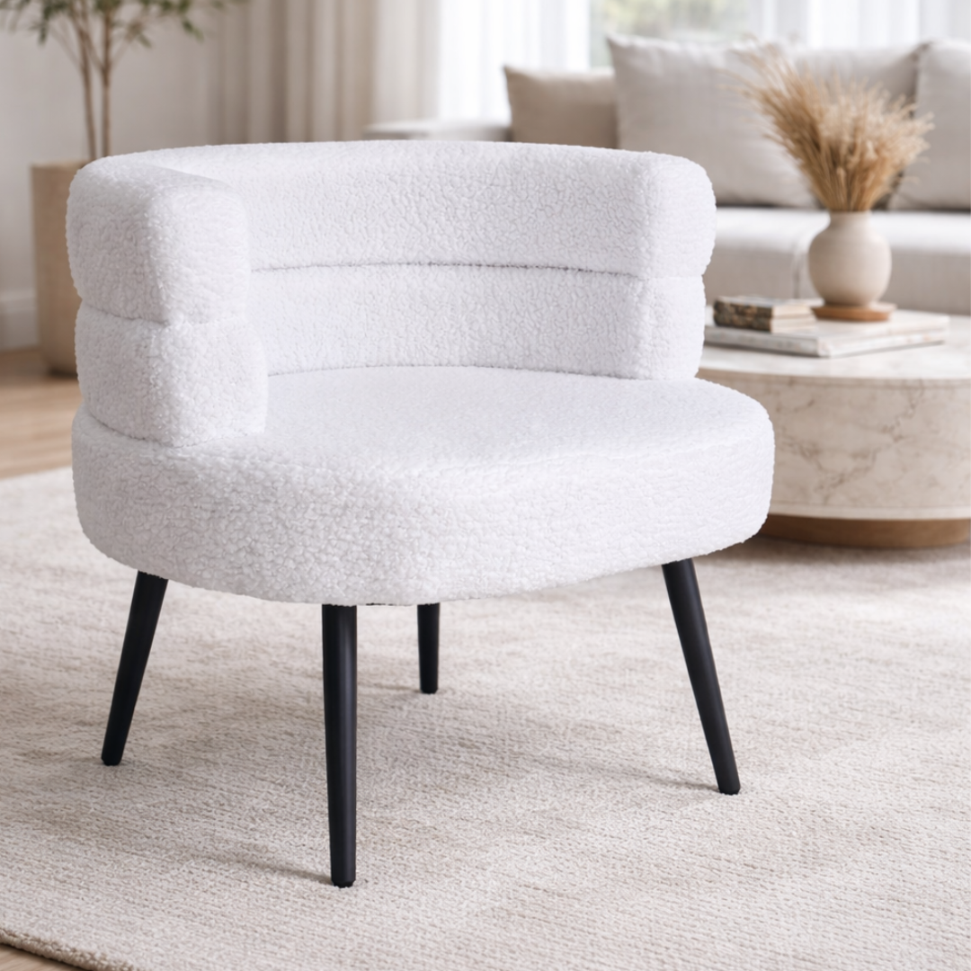 Sillón moderno bouclé blanco – diseño elegante con respaldo curvo 1 Sillón moderno bouclé blanco – diseño elegante con respaldo curvo