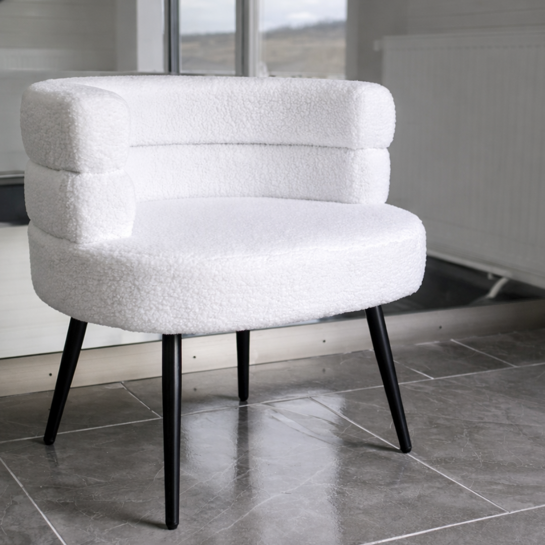 Sillón moderno bouclé blanco – diseño elegante con respaldo curvo 2 Sillón moderno bouclé blanco – diseño elegante con respaldo curvo