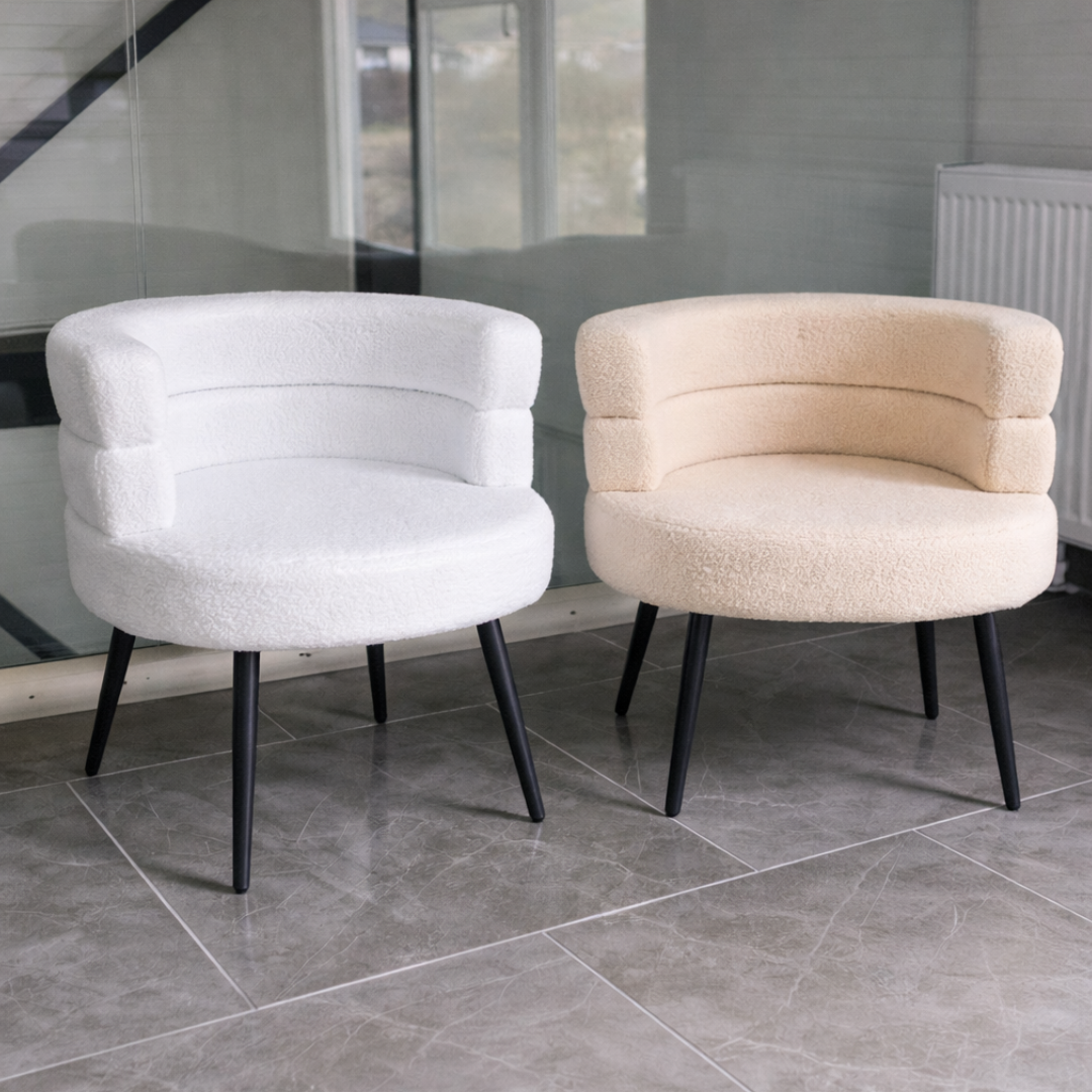 Sillón moderno bouclé blanco – diseño elegante con respaldo curvo 6 Sillón moderno bouclé blanco – diseño elegante con respaldo curvo