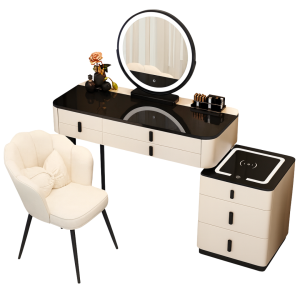 Tocador inteligente MARIPOSA – con espejo redondo LED y encimera de vidrio templado