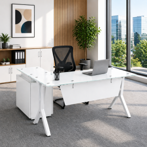 Conjunto con escritorio con superficie de cristal y armario lateral fijo - 1800800750 y silla de oficina con estructura de acero