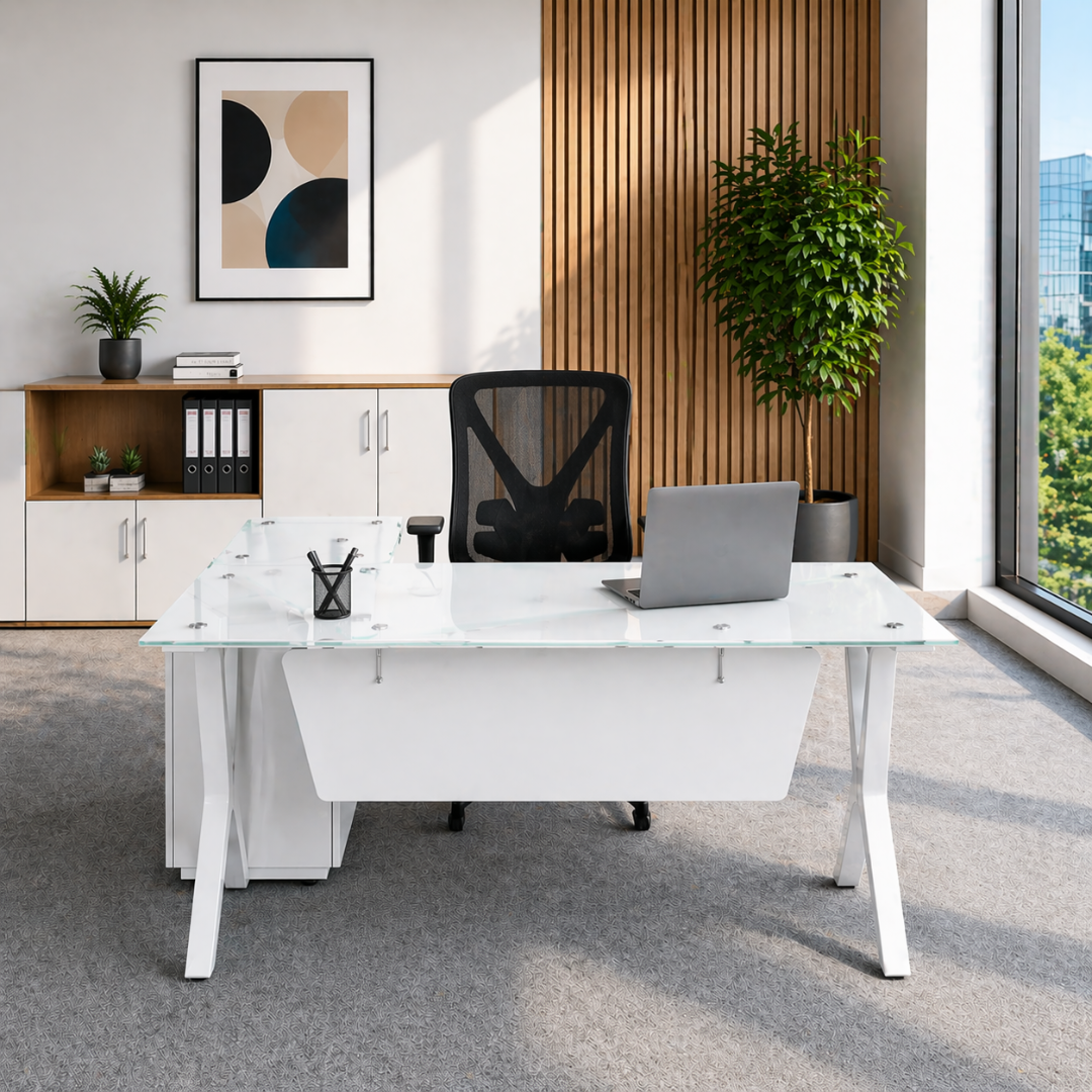 Conjunto con escritorio con superficie de cristal y armario lateral fijo – 1800800750 y silla de oficina con estructura de acero 2 Conjunto con escritorio con superficie de cristal y armario lateral fijo - 1800800750 y silla de oficina con estructura de acero