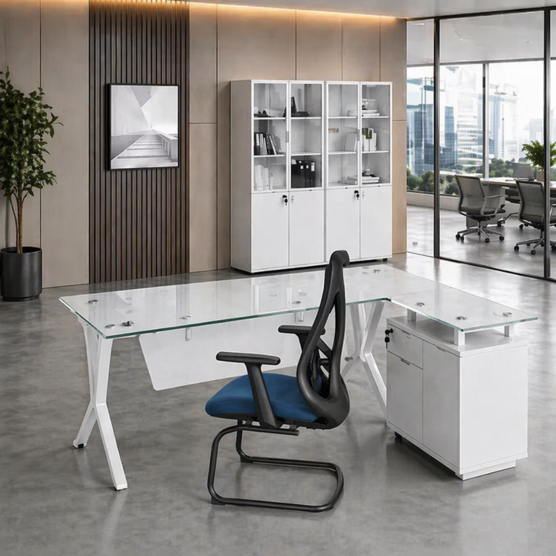 Conjunto con escritorio con superficie de cristal y armario lateral fijo – 1800800750 y silla de oficina con estructura de acero 3