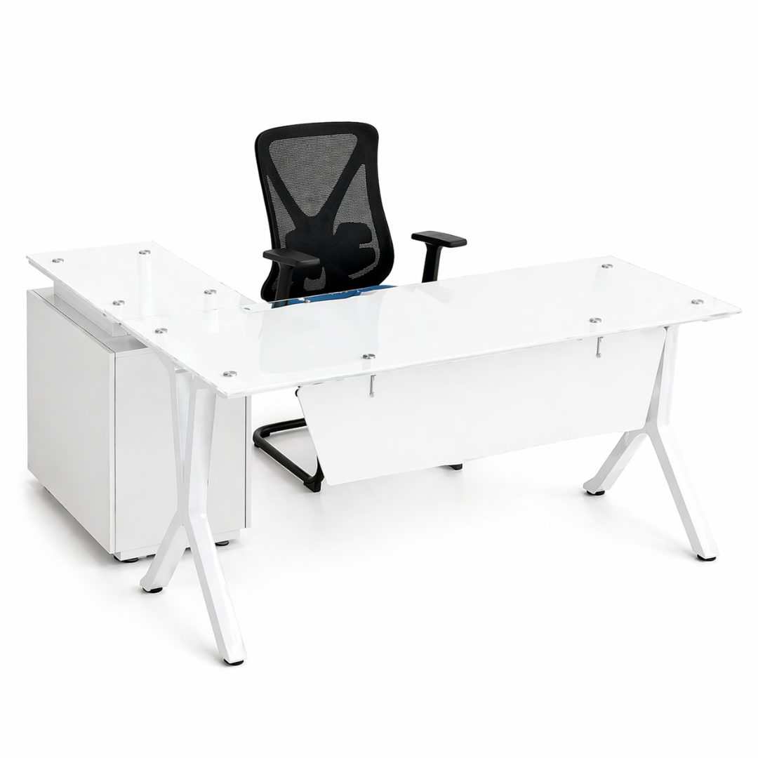 Conjunto con escritorio con superficie de cristal y armario lateral fijo - 1800800750 y silla de oficina con estructura de acero Conjunto con escritorio con superficie de cristal y armario lateral fijo - 1800800750 y silla de oficina con estructura de acero