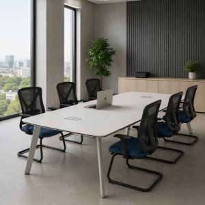 Conjunto con mesa de conferencia 22001100750 y silla de oficina con brazos fijos y estructura de acero