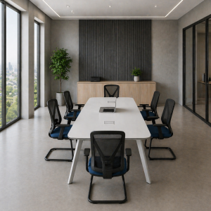 Conjunto con mesa de conferencia 22001100750 y silla de oficina con brazos fijos y estructura de acero