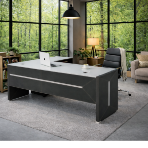 Conjunto de Mobiliario de Oficina Directiva – Diseño moderno con tablero de vidrio y silla ergonómica