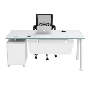 Conjunto de escritorio con tablero de vidrio armario lateral fijo y silla de oficina ergonómica con respaldo de malla - 1200×600×750