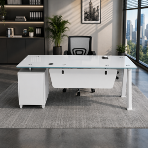 Conjunto de escritorio con tablero de vidrio armario lateral fijo y silla de oficina ergonómica con respaldo de malla - 1200×600×750