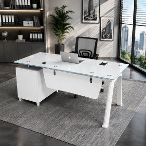 Conjunto de escritorio con tablero de vidrio armario lateral fijo y silla de oficina ergonómica con respaldo de malla - 1200×600×750