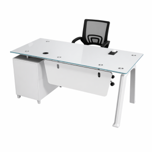 Conjunto de escritorio con tablero de vidrio armario lateral fijo y silla de oficina ergonómica con respaldo de malla - 1200×600×750