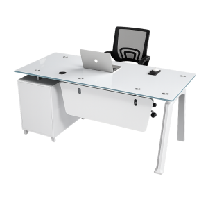 Conjunto de escritorio con tablero de vidrio armario lateral fijo y silla de oficina ergonómica con respaldo de malla – 1400×700×750