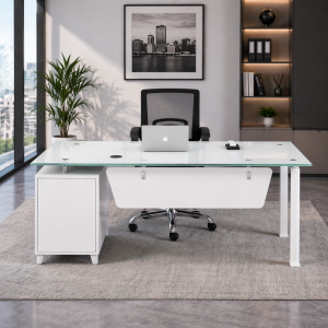 Conjunto de escritorio con tablero de vidrio armario lateral fijo y silla de oficina ergonómica con respaldo de malla – 1400×700×750