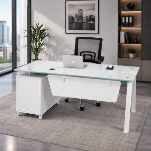Conjunto de escritorio con tablero de vidrio armario lateral fijo y silla de oficina ergonómica con respaldo de malla – 1400×700×750