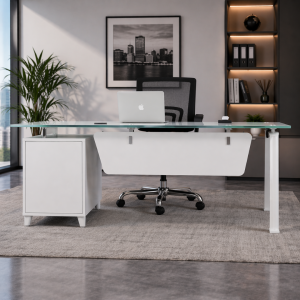 Conjunto de escritorio con tablero de vidrio armario lateral fijo y silla de oficina ergonómica con respaldo de malla – 1400×700×750