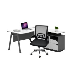 Conjunto de escritorio esquinero con almacenamiento y silla ergonómica con respaldo de malla