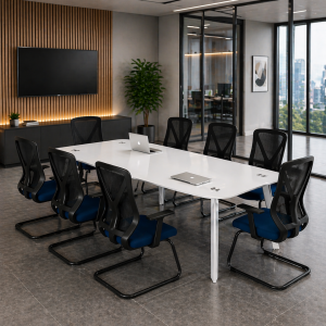 Conjunto de mesa de conferencia 24001200750 y silla de oficina con brazos fijos y estructura de acero