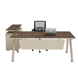 Conjunto de oficina con escritorio armario lateral móvil y silla ergonómica con respaldo de malla