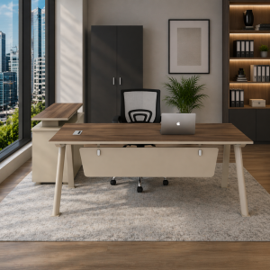 Conjunto de oficina con escritorio con armario lateral móvil y silla ergonómica con respaldo de malla