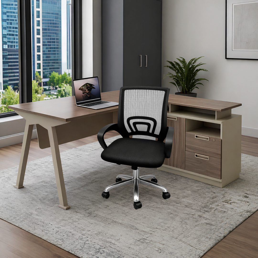 Conjunto de oficina con escritorio con armario lateral móvil y silla ergonómica con respaldo de malla 2 Conjunto de oficina con escritorio con armario lateral móvil y silla ergonómica con respaldo de malla