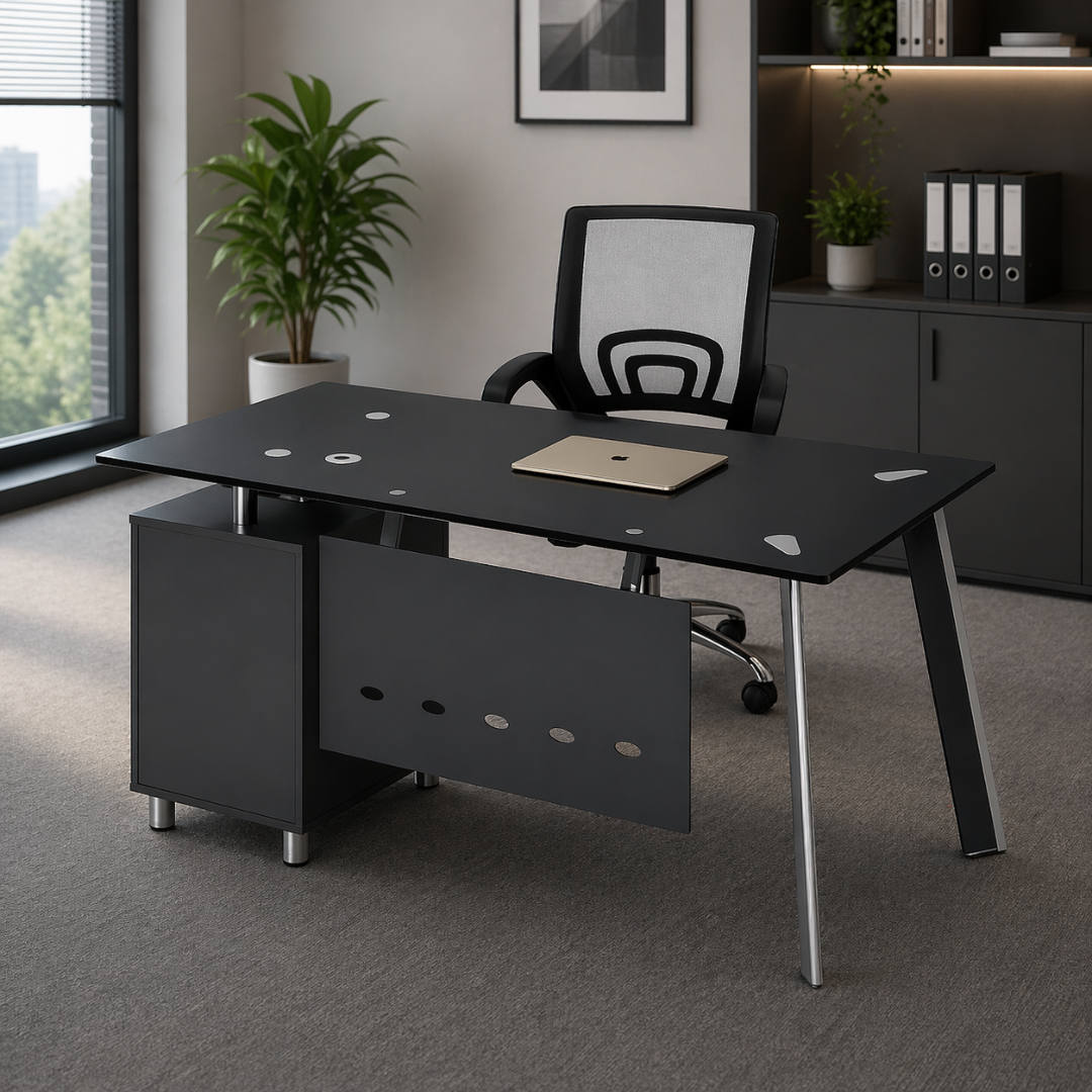 Conjunto de oficina con silla ergonómica con respaldo de malla y escritorio con tablero de vidrio y armario lateral fijo 1400×700×750 negro 2 Conjunto de oficina con silla ergonómica con respaldo de malla y escritorio con tablero de vidrio y armario lateral fijo 1400×700×750 negro