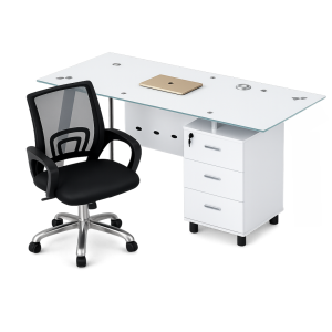 Conjunto de silla ergonómica con respaldo de malla y escritorio con tablero de vidrio y armario lateral fijo 1200×600×750 blanco