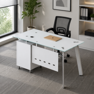 Conjunto de silla ergonómica con respaldo de malla y escritorio con tablero de vidrio y armario lateral fijo 1200×600×750 blanco