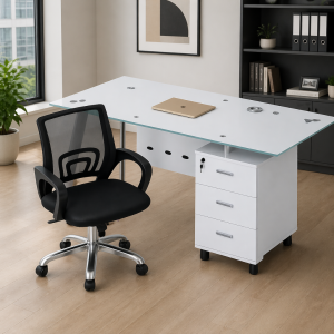 Conjunto de silla ergonómica con respaldo de malla y escritorio con tablero de vidrio y armario lateral fijo 1200×600×750 blanco