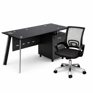 Conjunto silla ergonómica con respaldo de malla y escritorio con superficie de vidrio y armario lateral fijo 1200×600×750