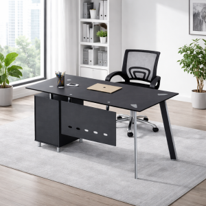 Conjunto silla ergonómica con respaldo de malla y escritorio con superficie de vidrio y armario lateral fijo 1200×600×750