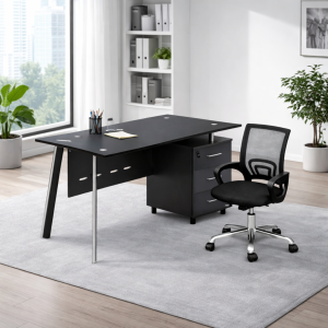 Conjunto silla ergonómica con respaldo de malla y escritorio con superficie de vidrio y armario lateral fijo 1200×600×750