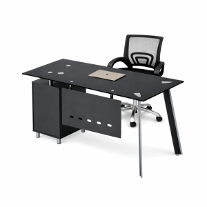 Conjunto silla ergonómica con respaldo de malla y escritorio con superficie de vidrio y armario lateral fijo 1200×600×750