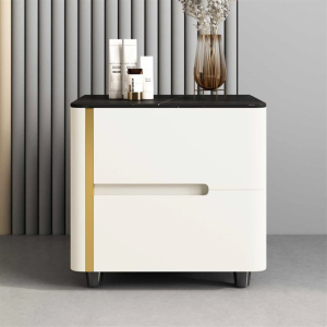 Mesita de noche pintada de piedra sinterizada madera de roble y metal – BLANCA